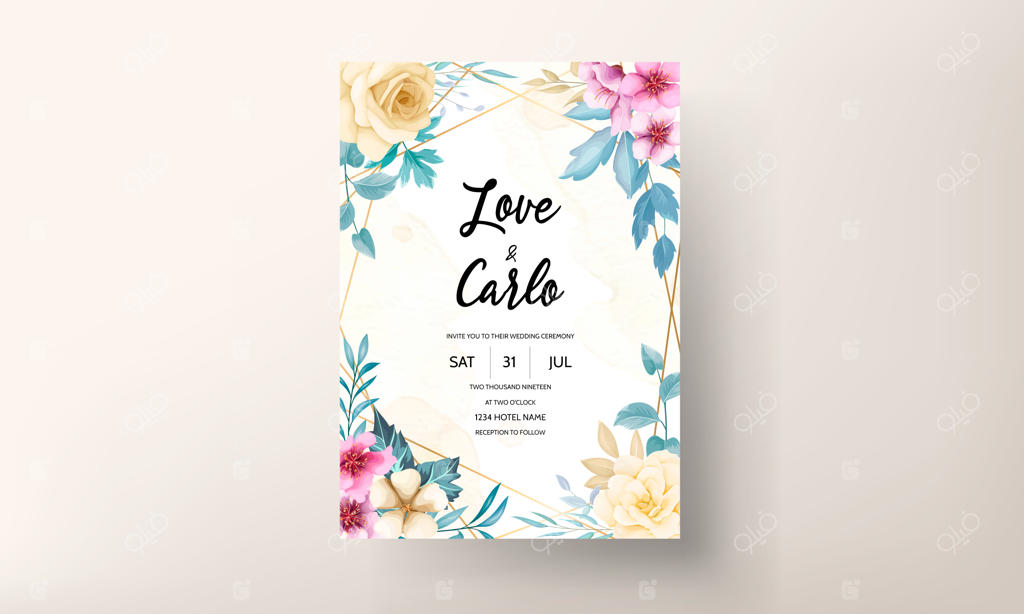 الگوی دعوت‌نامه عروسی با طراحی دستی گل‌های زیبا