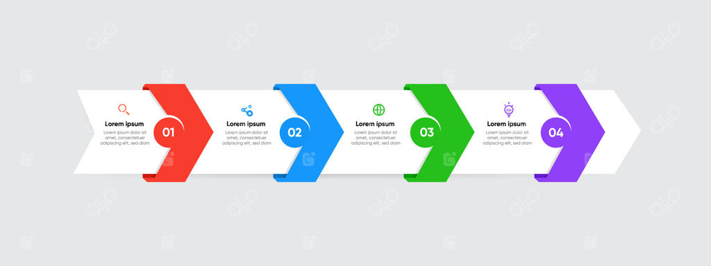 اینفوگرافیک پیکانی چهارمرحله‌ای، طراحی مدرن برای ارائه‌ها، وب‌سایت‌ها، گزارش‌ها و تصاویر کسب‌وکار. به‌سادگی قابل تنظیم است.