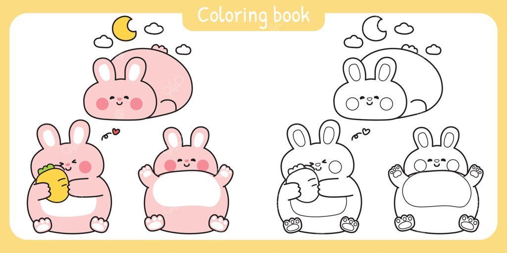 صفحات رنگ‌آمیزی: مجموعه‌ای از خرگوش‌های بامزه و چاق در حالت‌های مختلف خواب. هویج، ماه، قلب و ابر با دست طراحی شده‌اند. شخصیت کارتون جوندگان. کتاب نقاشی. تصویرسازی به سبک کاوایی.