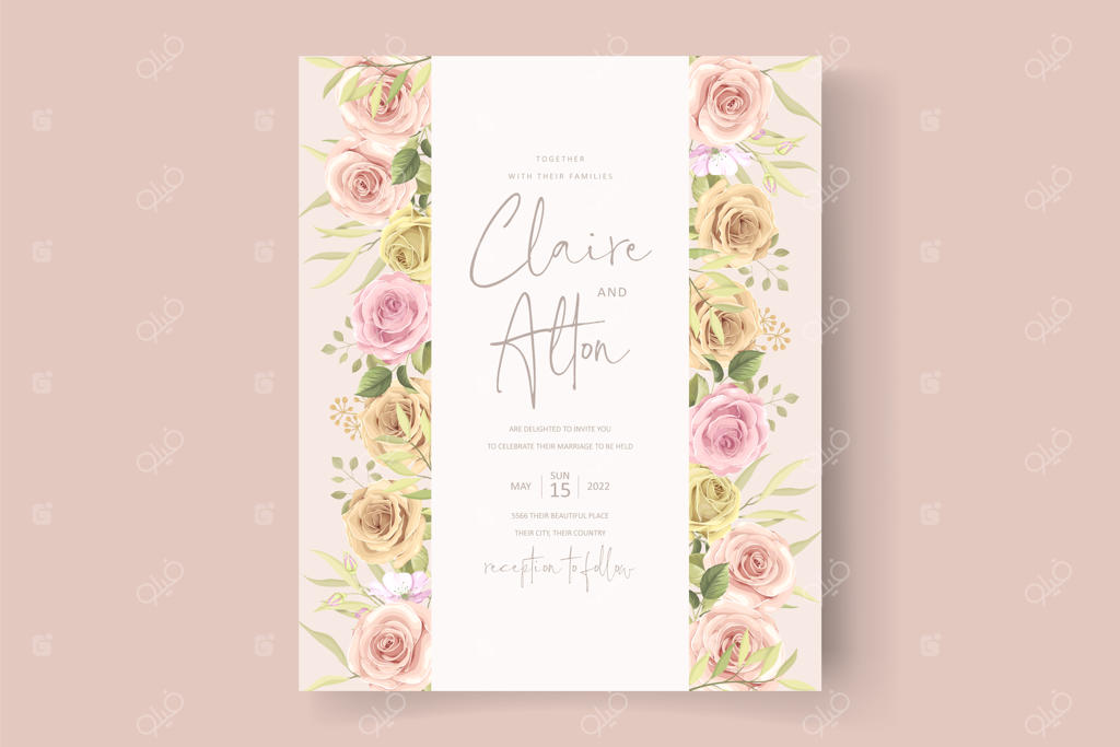 قالب کارت عروسی شیک با تزیین گل‌های رز شکوفا