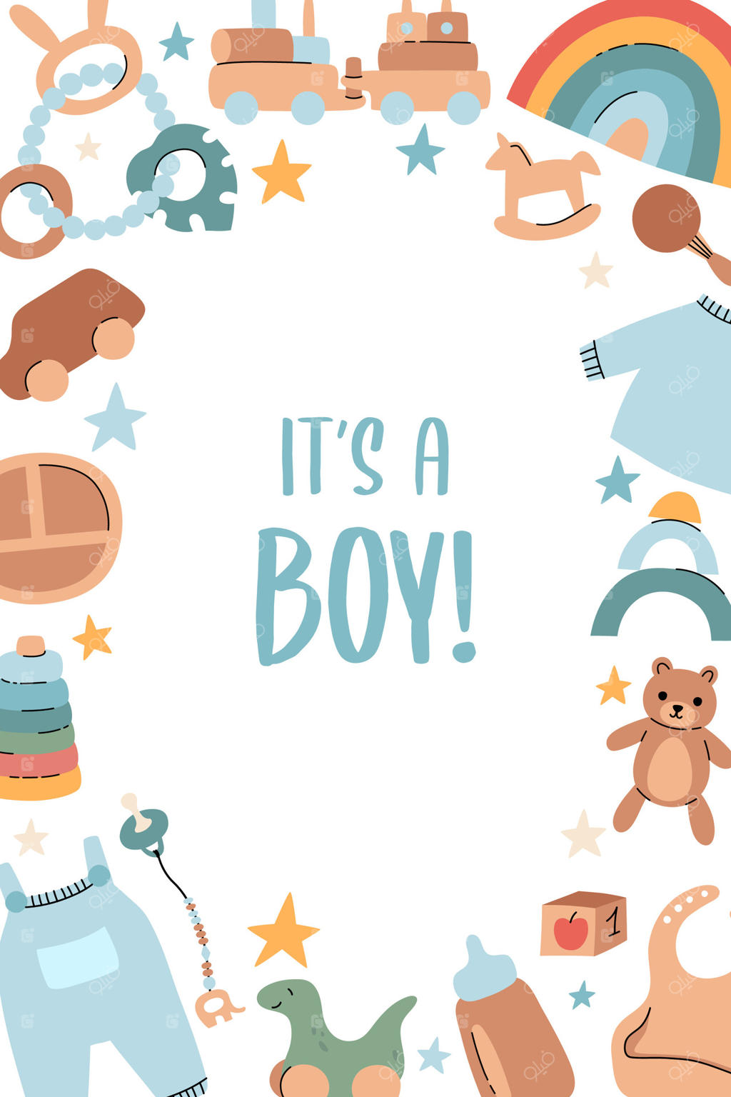 دعوت‌نامه جشن سیسمونی با طرح‌های بوهوی نوزاد. پسر است. کارتون و کلیپ‌آرت کودکان.