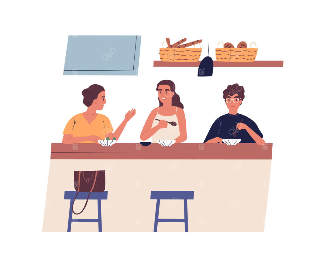 دیدار دوستانه صبحگاهی در کافه: گروهی از جوانان شاد در حال صرف صبحانه یا ناهار و گفتگو هستند. مردان و زنان جوان دوست‌داشتنی در حال برانچ. (تصویرسازی به سبک کارتونی)