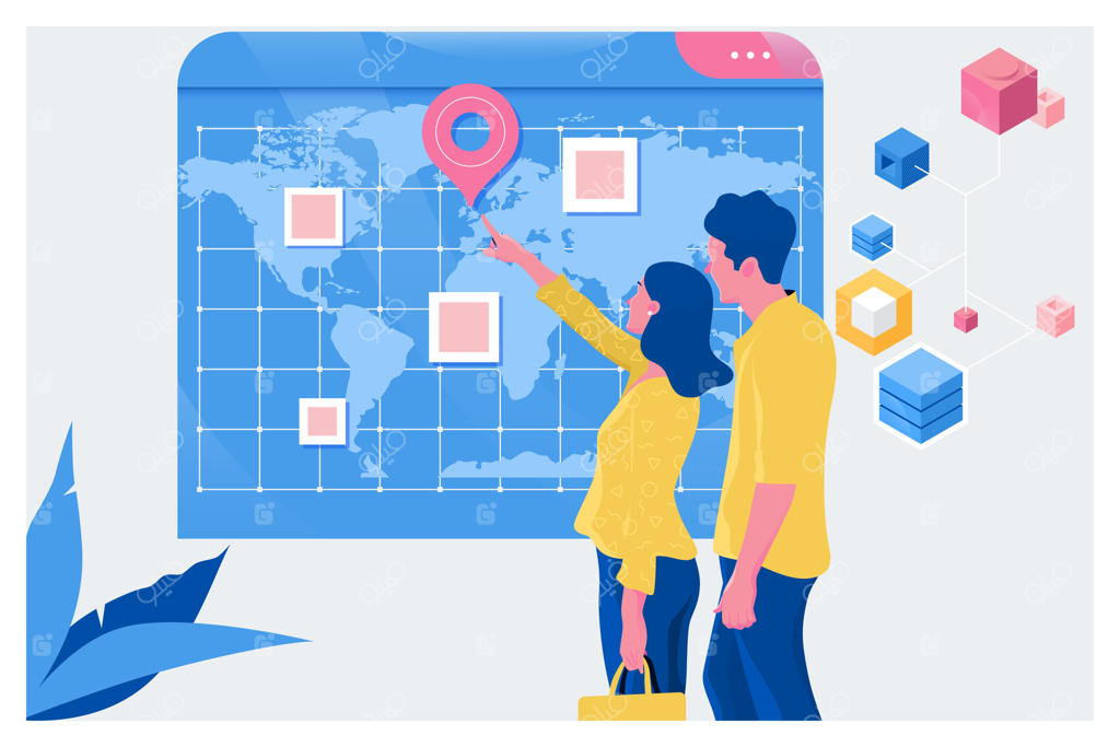 گردشگران در حال برنامه‌ریزی تعطیلات با استفاده از نقشه جهان