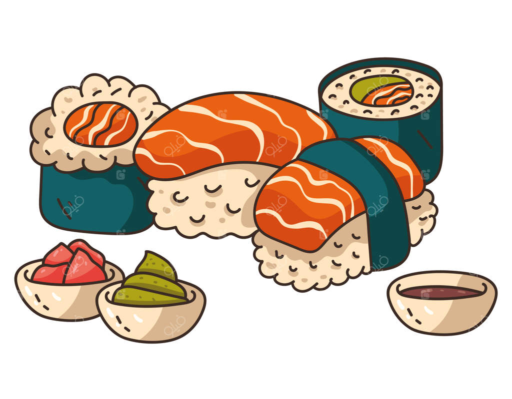 ایده طراحی گرافیک برچسب کارتونی غذاهای آسیایی با هنر خطوط