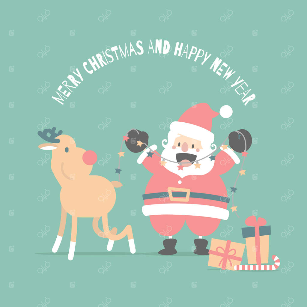 کریسمس مبارک و سال نو مبارک با بابا نوئل دوست‌داشتنی و گوزن‌ها در فصل زمستان