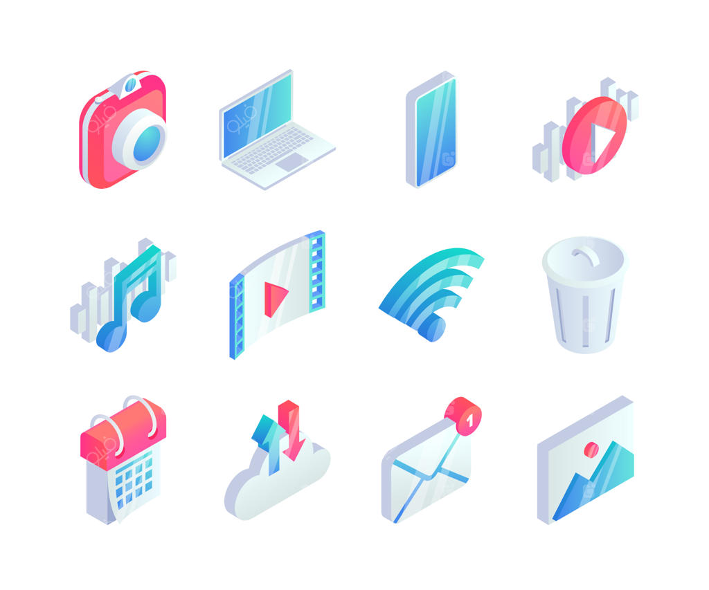 نمادهای چندرسانه‌ای ایزومتریک: نمادهای سه‌بعدی صدا و تصویر با دوربین عکاسی، لپ‌تاپ، تلفن و آیکون‌های موسیقی.