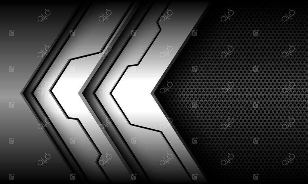 جهت پیکان فلزی خاکستری در هم‌پوشانی سایبری انتزاعی بر روی الگوی مشکی دایره‌ای فضای خالی طراحی مدرن لوکس و پس‌زمینه آینده‌نگر وکتور