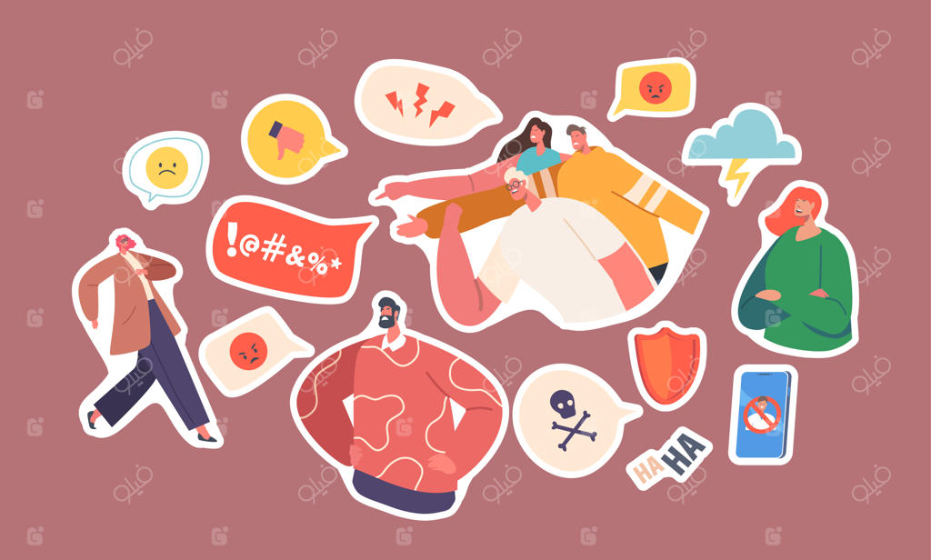 مجموعه‌ای از استیکرها درباره قلدری سایبری و سوءاستفاده شبکه‌ای: مشکل نفرت‌پراکنی در کامپیوتر یا گوشی هوشمند