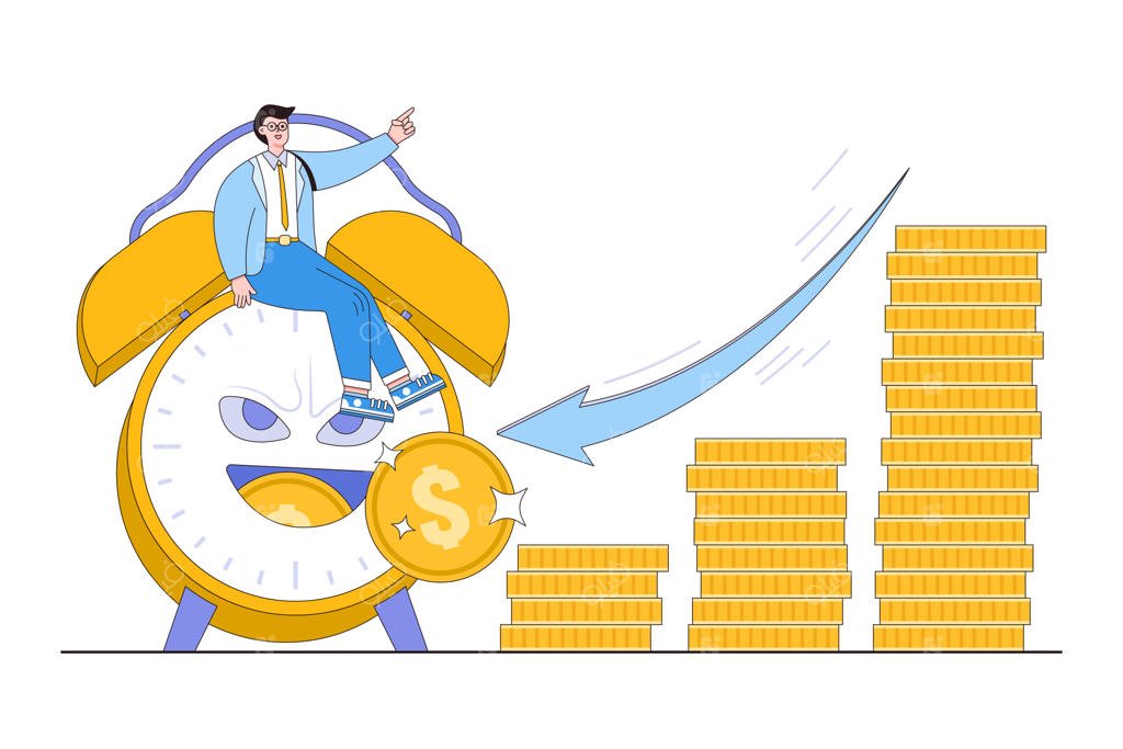 ارزش زمانی پول: چرا پول اکنون باارزش‌تر از آینده است؟ مفاهیمی همچون تورم و هزینه سود. سرمایه‌گذاری بازرگانانی که روی ساعت بزرگی نشسته‌اند و سکه‌ها را انباشته می‌کنند و نمودار رشد را تشکیل می‌دهند.