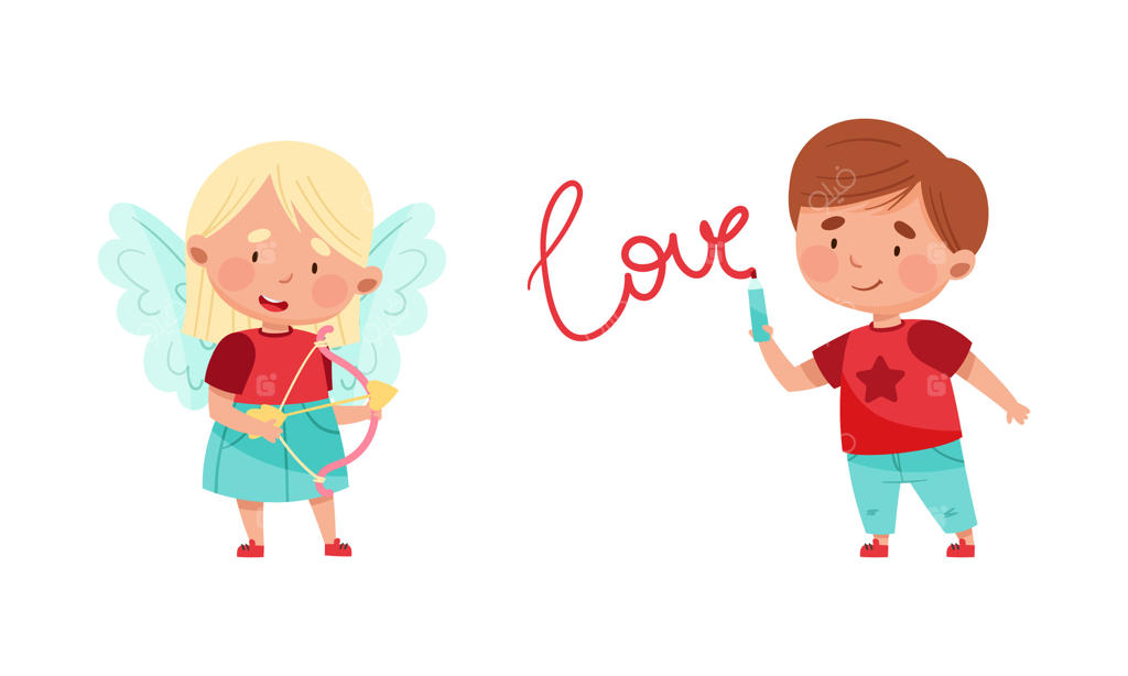 کودکان بامزه و عاشق؛ تصویرسازی کارتونی دختر بال‌دار با تیر و کمان و پسر در حال نوشتن کلمه عشق