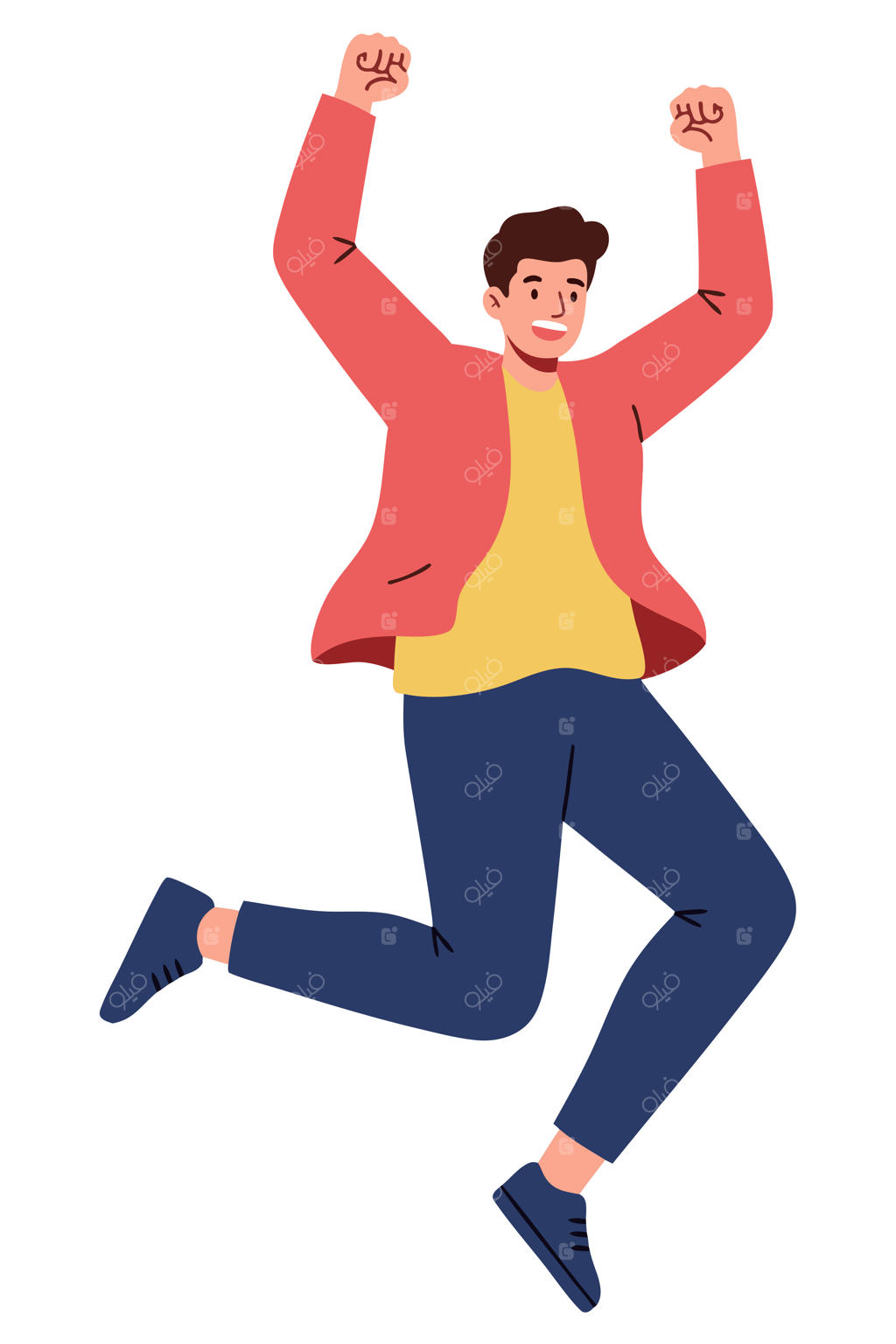 مرد شاد با کاپشن قرمز که از خوشحالی به هوا پریده و با دستانِ رو به بالا، لحظات زندگی را جشن می‌گیرد.