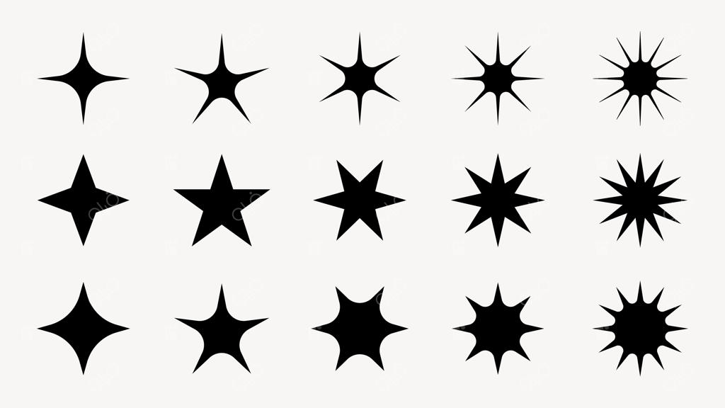 مجموعه وکتور ستاره و درخشش، آیکون‌ها، نمادها و طرح‌های دستی ستاره‌های براق و نورانی
