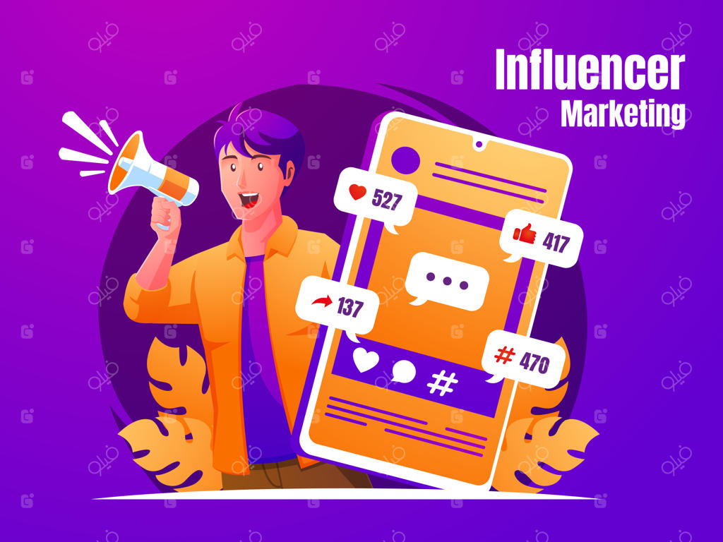 مردی در حال فریاد با بلندگو: مفهوم بازاریابی اینفلوئنسر با تلفن هوشمند