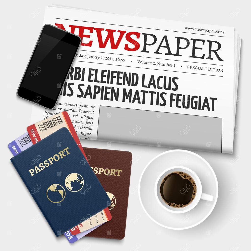 نمای بالا از استراحت کاری قبل از سفر: پاسپورت‌ها، روزنامه، تلفن و بلیط‌ها