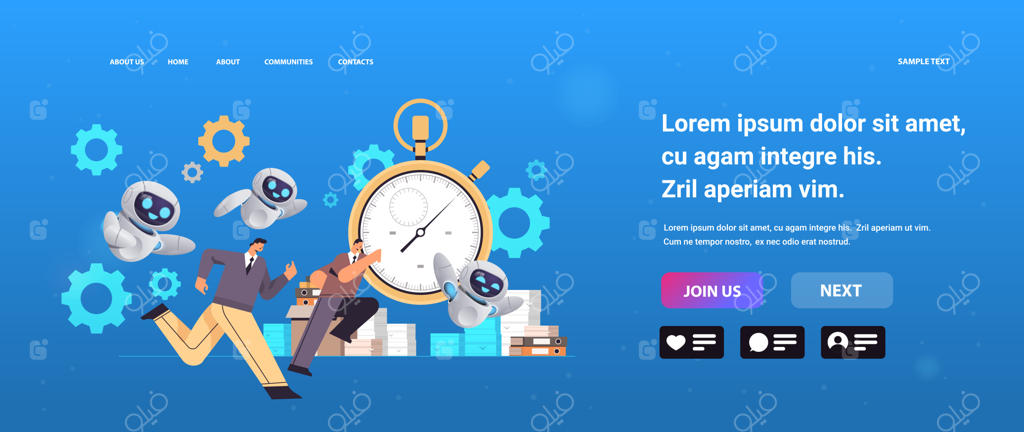 تاجرهای پرمشغله و ربات‌ها در حال دویدن در دفتر با کرونومتر - مدیریت زمان در مهلت‌های کاری و مفهوم فناوری هوش مصنوعی - فضای خالی برای کپی - تصویر برداری