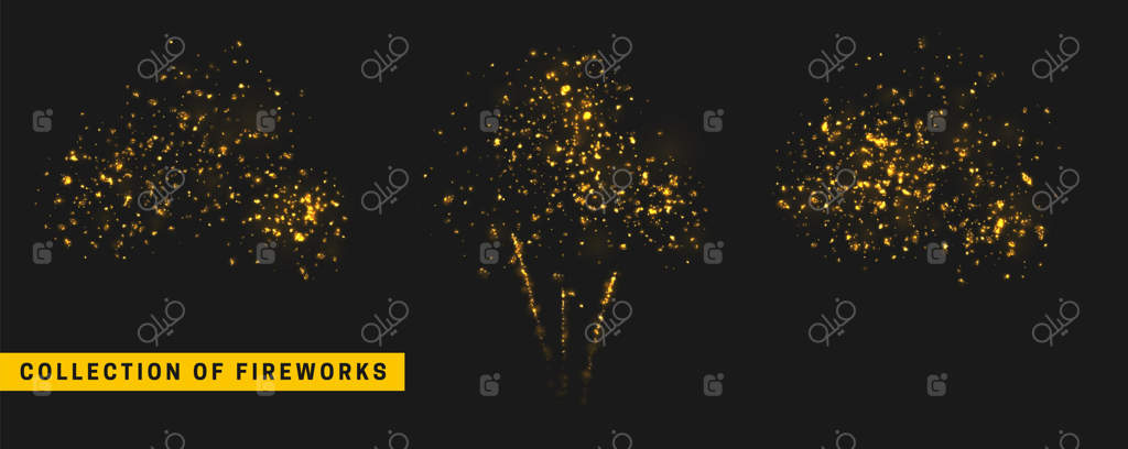 آتش‌بازی طلایی جشن. افکت نور طلایی در پس‌زمینه سیاه. طراحی واقع‌گرایانه. تصویر وکتور