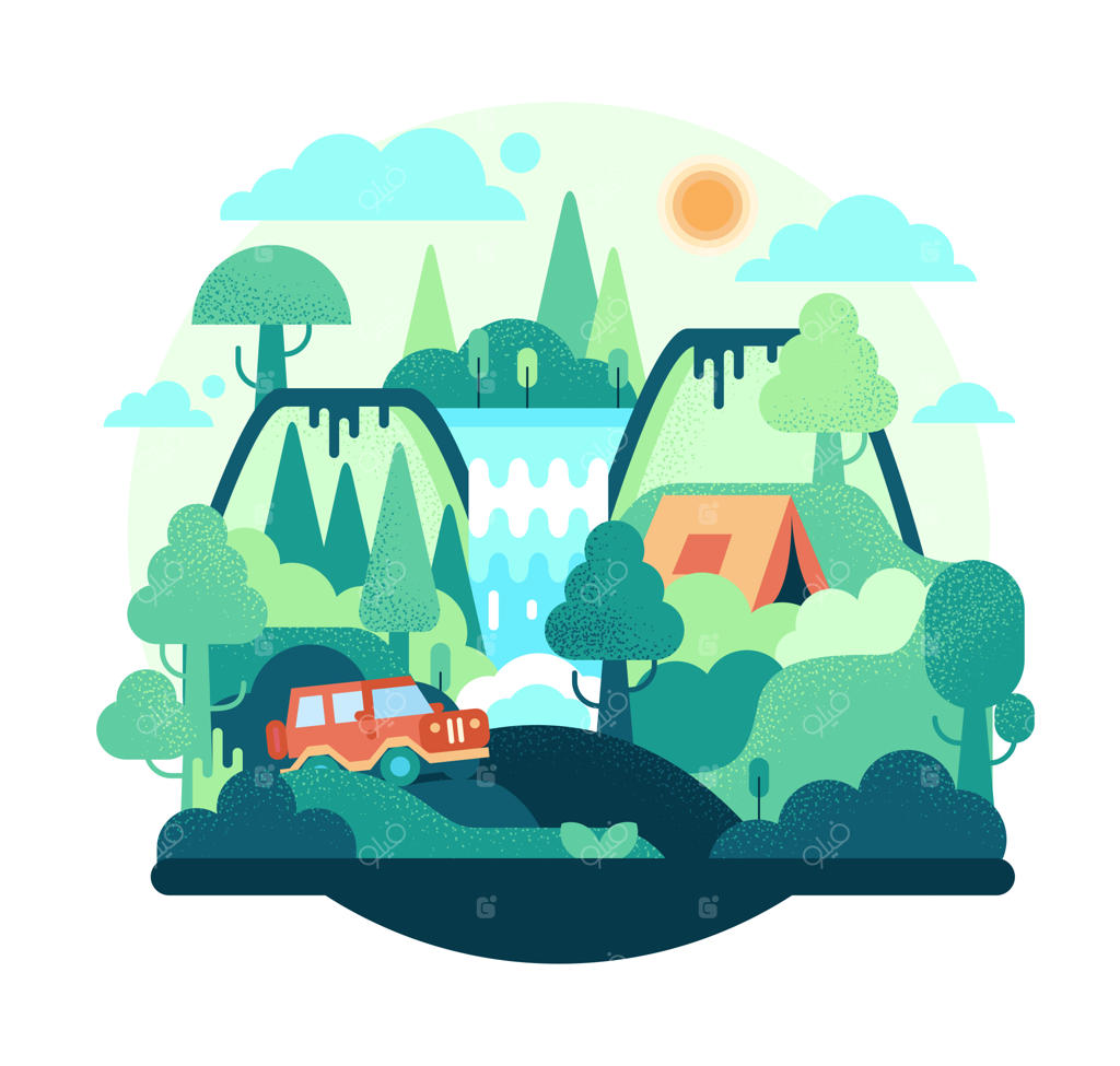 تصویر کارتونی به سبک تخت با ماشین چادر، جنگل و آبشار