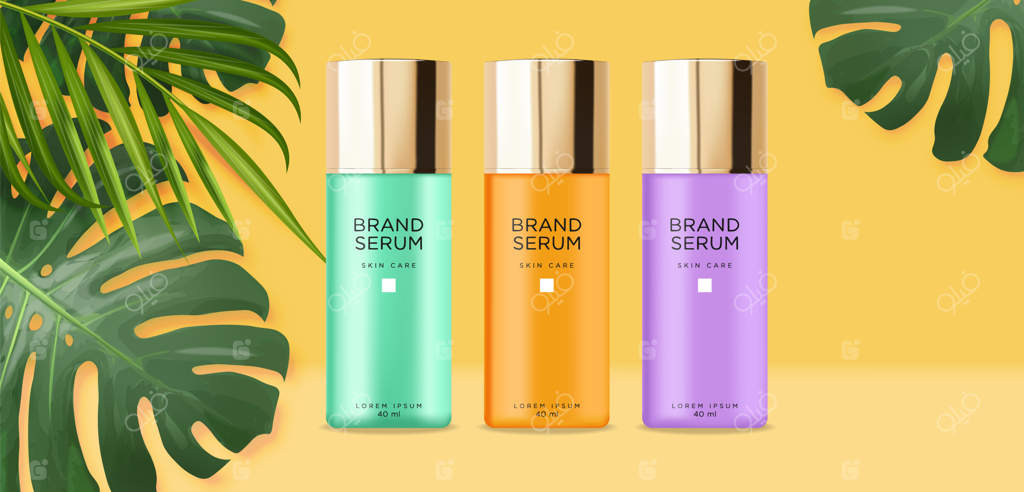 بطری سرم لوسیون واقعی، مجموعه بطری‌های آرایشی، پس‌زمینه استوایی، طراحی طلایی