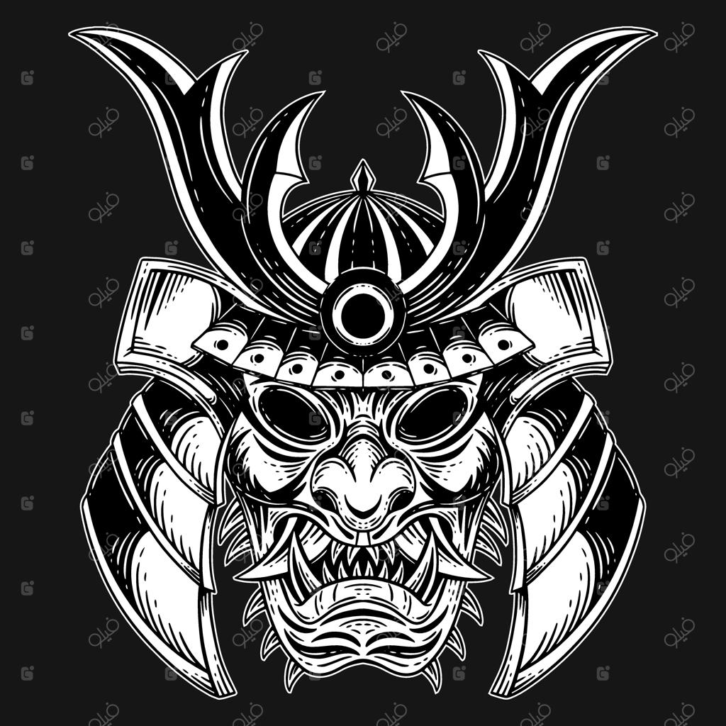 سبک تاتو نقاشی دستی هنر تاریک - ماسک جنگجوی ژاپنی اونیه با طرح کنده‌کاری‌شده