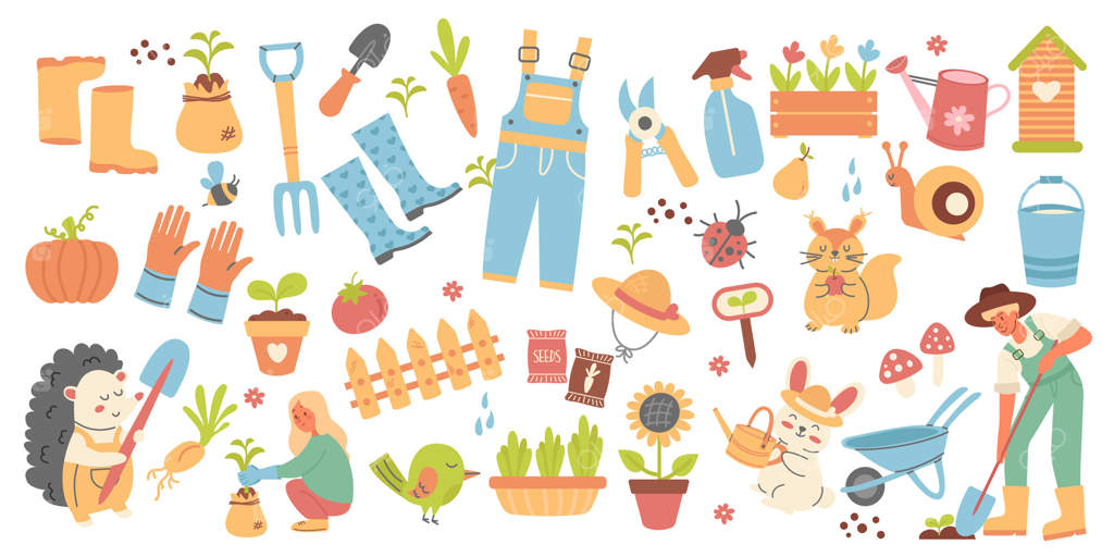 مجموعه عناصر بامزه باغ در طراحی تخت