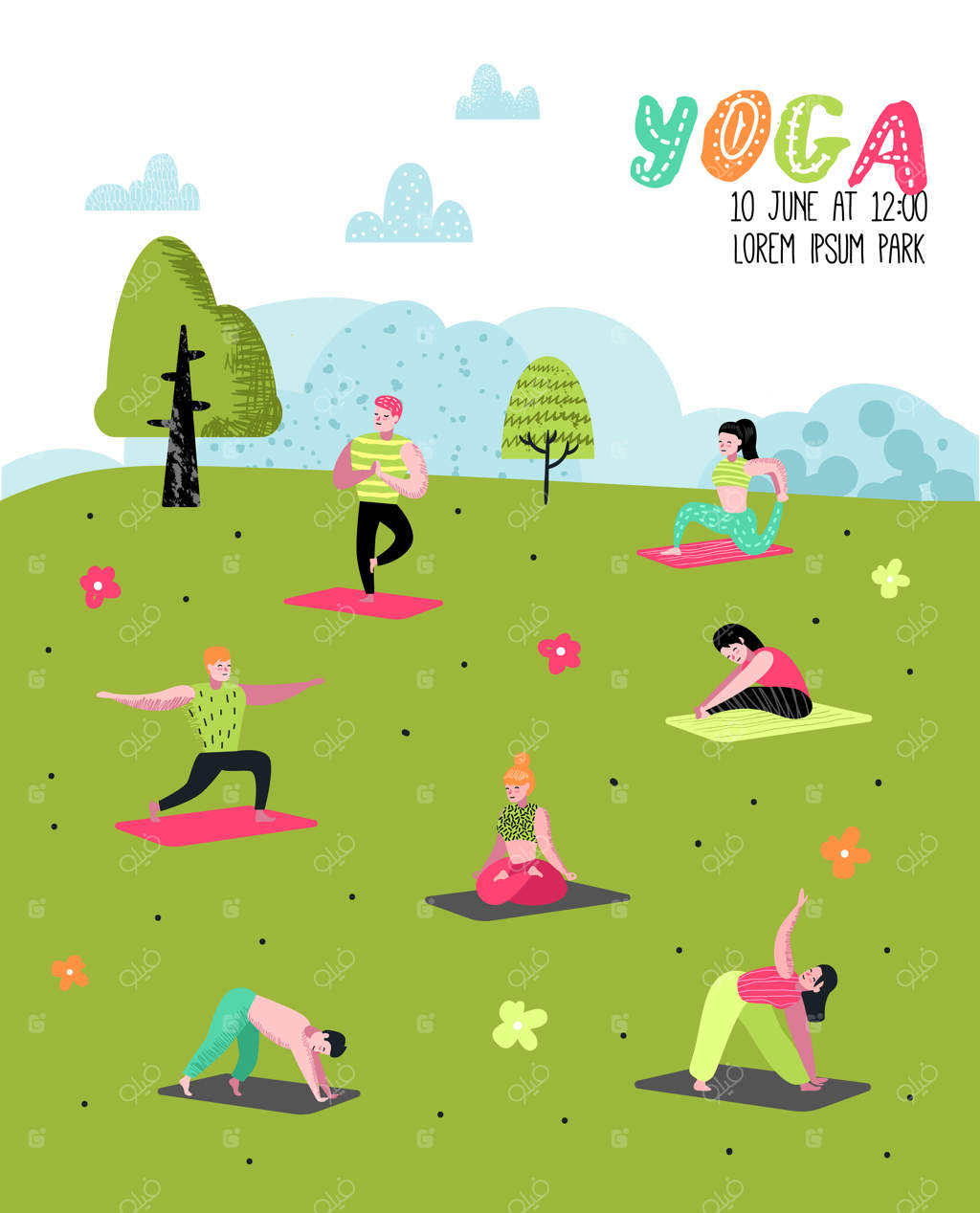 پوستر افراد کارتونی در حال تمرین یوگا