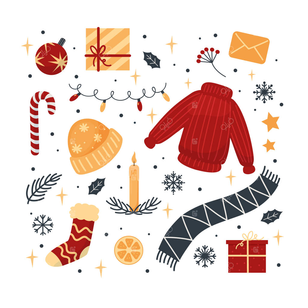 لباس‌های کریسمس: هدایا، دانه‌های برف، گیاهان - تصویرسازی برای کارت‌ها، بنرهای وب، برچسب‌ها