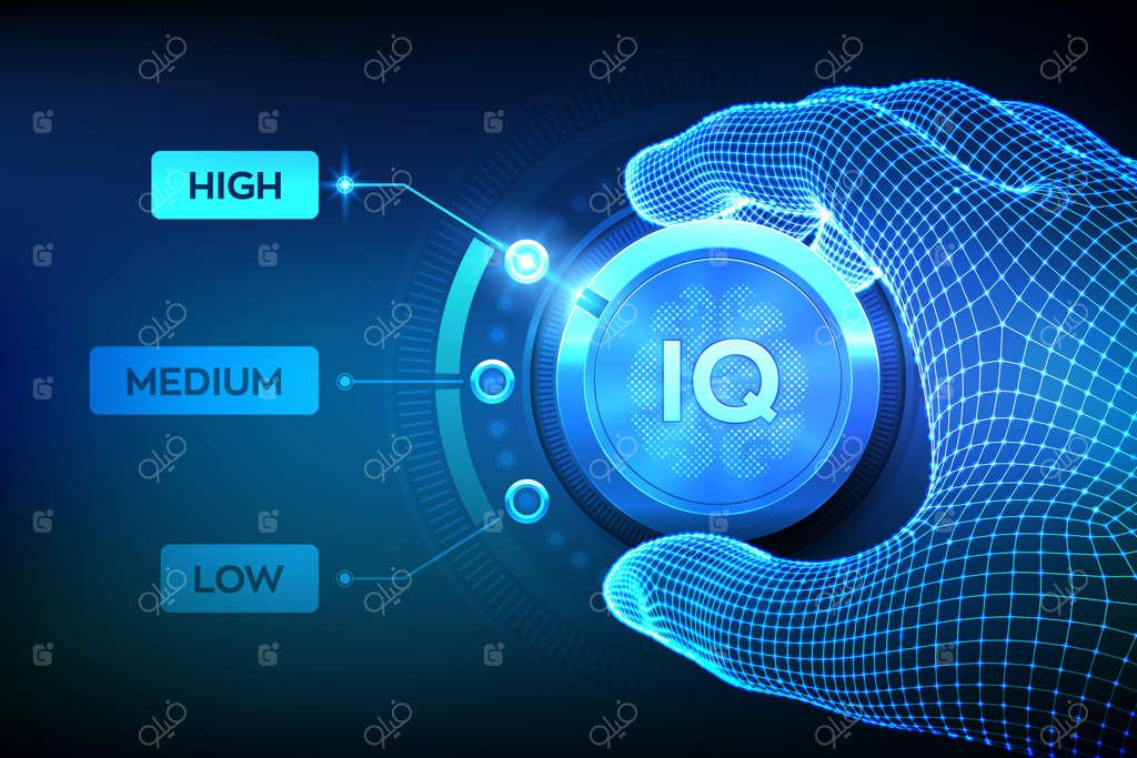 افزایش سطح IQ؛ دست تنظیم‌کننده در حال قرار دادن دکمه هوش بر بالاترین حد؛ مفهوم آزمون هوش؛ تصویرسازی برداری