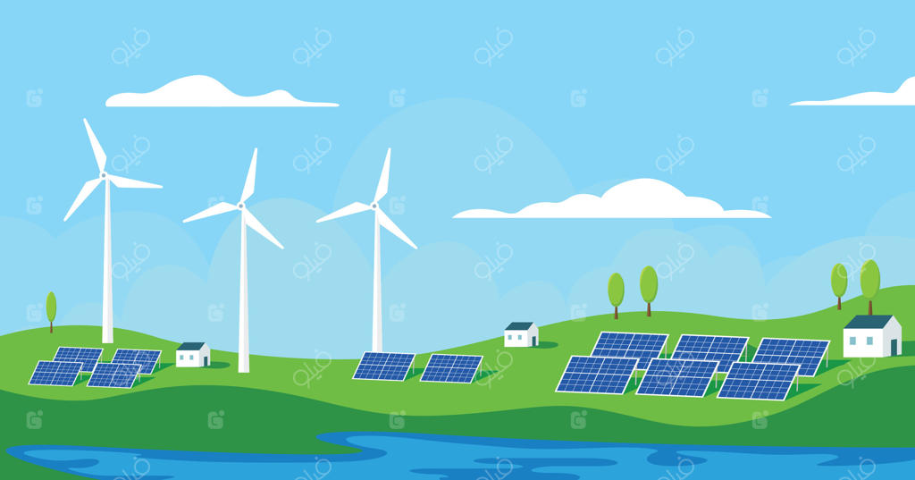 ژنراتورهای بادی و پنل‌های خورشیدی در منظره طبیعی، مفهومی از انرژی‌های تجدیدپذیر