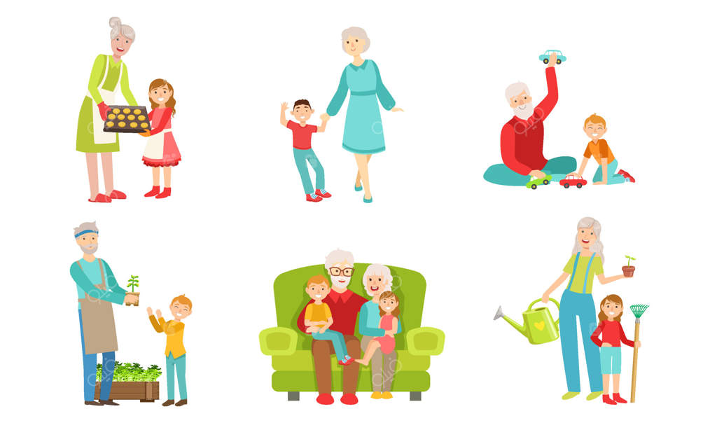 وقت‌گذرانی پدربزرگ و مادربزرگ با نوه‌ها، بازی، پیاده‌روی و کار در باغ همراه با نوه‌ها - تصویرسازی