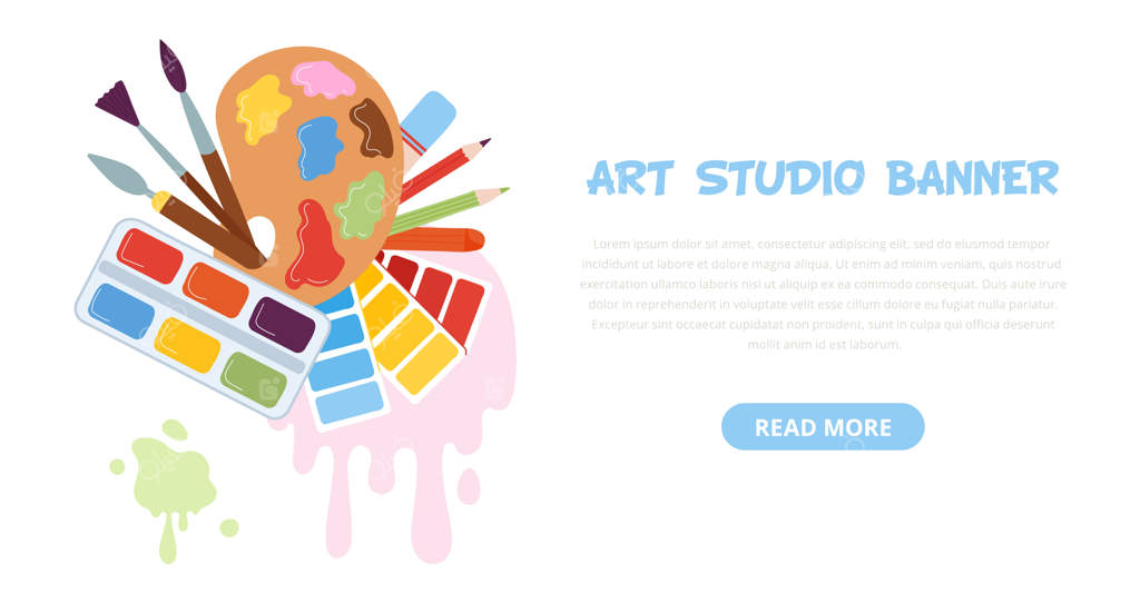 بنر لوازم هنری مدرسه یا کمپ هنرهای خلاقانه کودکان - پوستر کارگاه طراحی تابستانی - پس زمینه وکتور ابزار نقاشی مناسب