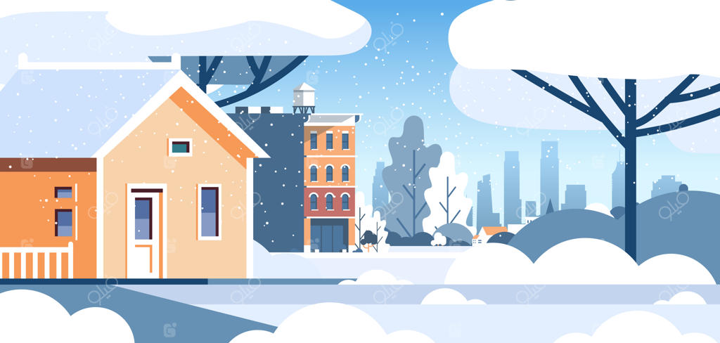 تصویر افقی شهر زمستانی با خانه‌های مسکونی پوشیده از برف - تصویرسازی وکتور