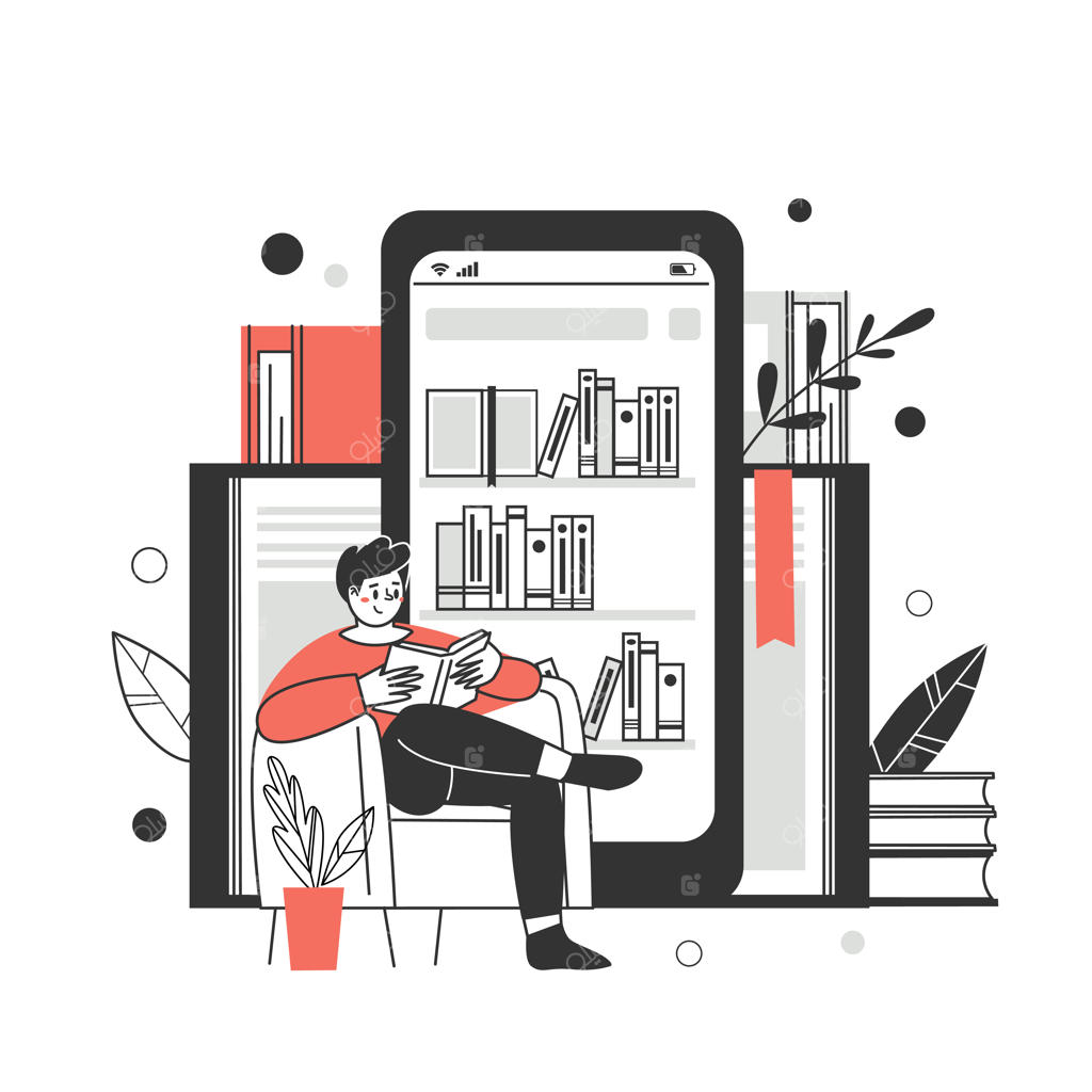 مفهوم کتابخانه و کتابفروشی‌های آنلاین: اپلیکیشن‌های مطالعه و دانلود کتاب و کتاب صوتی، به همراه تصویرسازی وکتور.