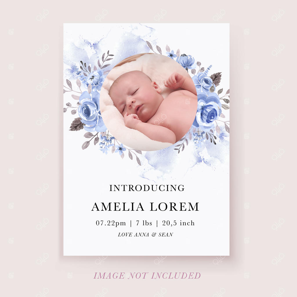 قالب اعلامیه تولد نوزاد با طرح گل‌های آبی آبرنگی