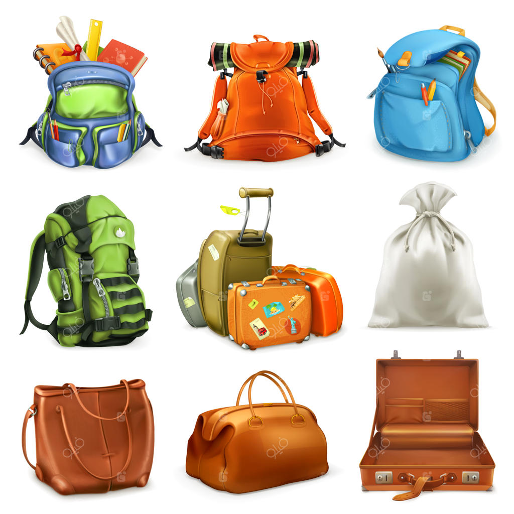 مجموعه کیف‌ها: کوله پشتی، کیف مدرسه، چمدان، کیسه، آیکون سه‌بعدی