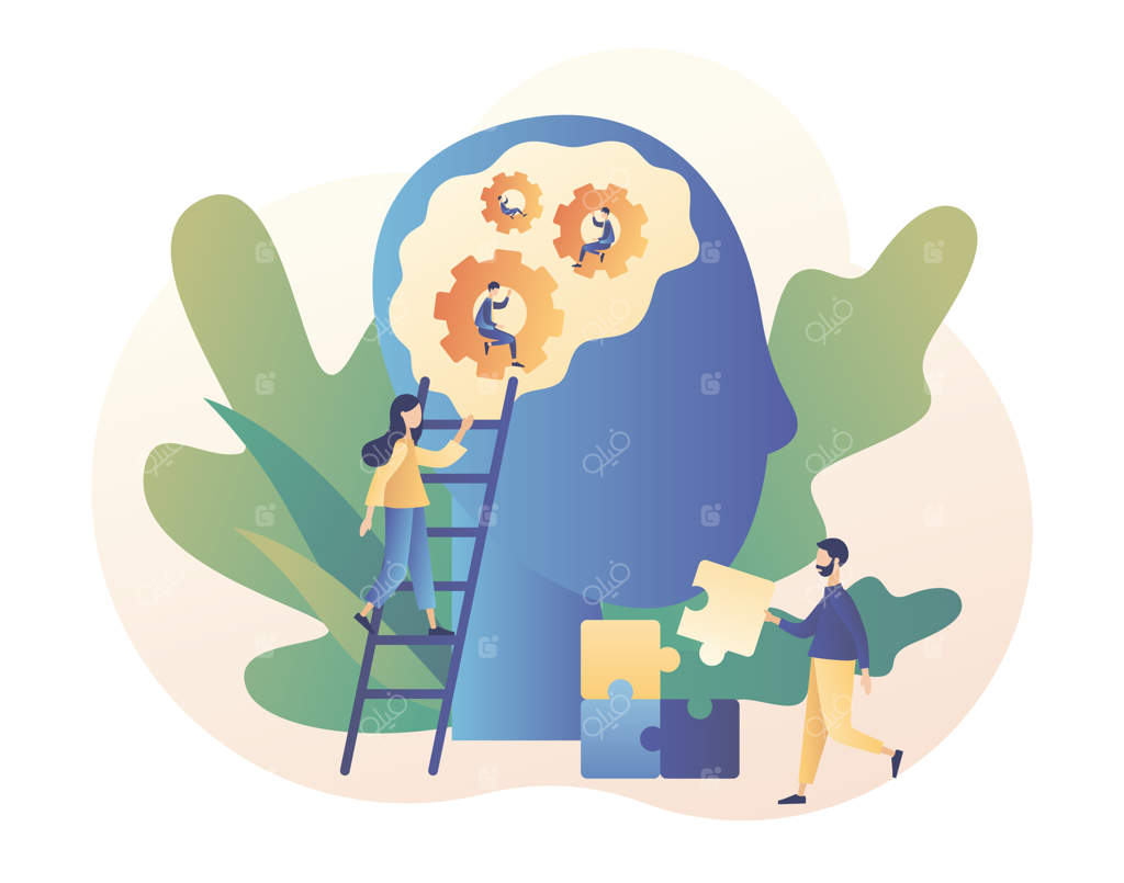 روانشناسی و روان‌درمانی: کمک‌های روانی و مشاوره با روانپزشک و روانشناس آنلاین به سبک مدرن و کارتونی - تصویرسازی وکتور در زمینه سفید