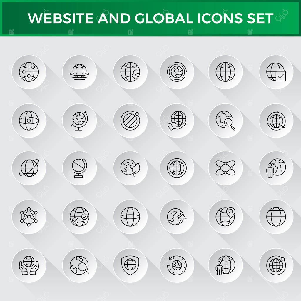 مجموعه آیکون‌های خطی وب‌سایت، ارتباطات روی نقشه جهان و شبکه کسب‌وکار جهانی