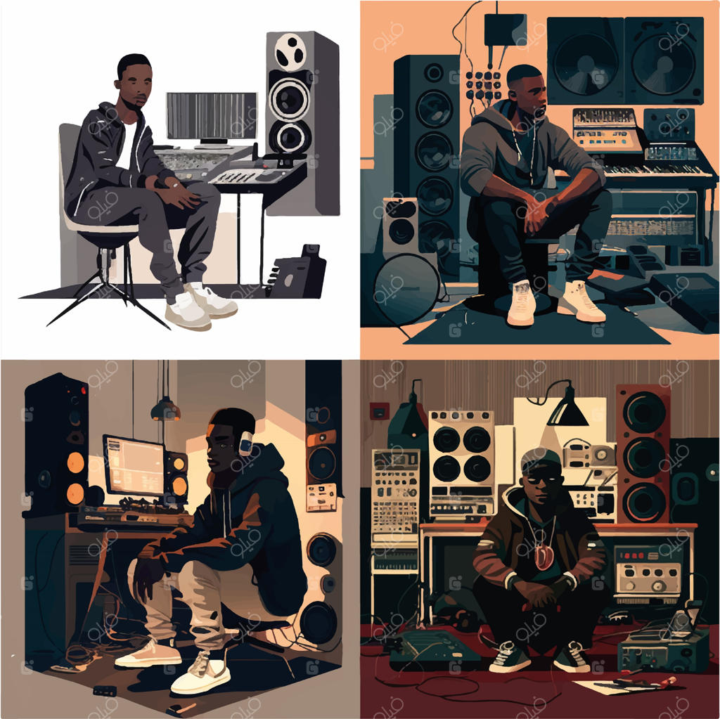 تولیدکننده سیاه‌پوست نشسته روی زمین در استودیو برداری