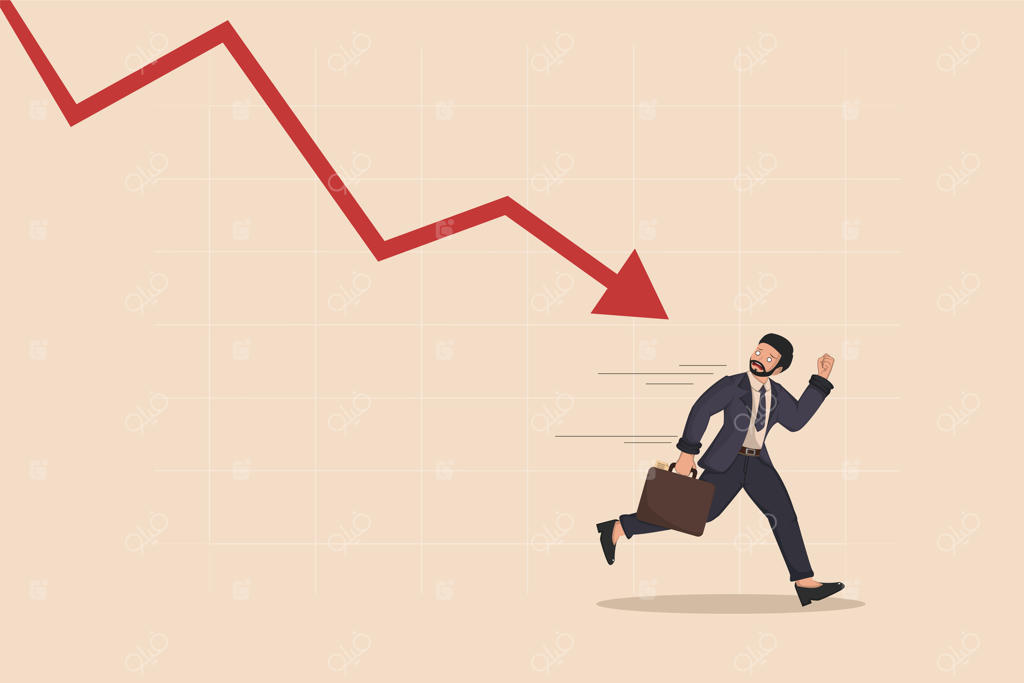 تاجر در حال فرار از بحران مالی با نمودار سهام در حال سقوط و فلش قرمز.