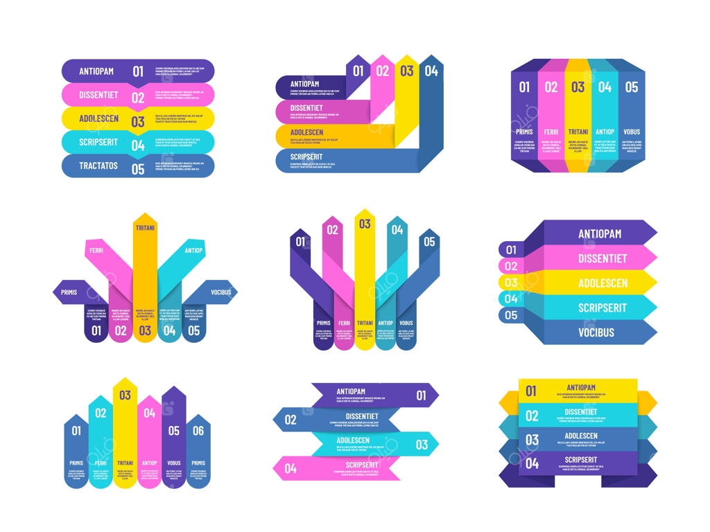 اینفوگرافیک مرحله‌ای: گزینه‌ها یا نمودارهای فرآیندی به شکل فلش، نمودارها و دیاگرام‌ها برای گزارش سالانه و ارائه. طراحی وکتور اینفوگرافیک