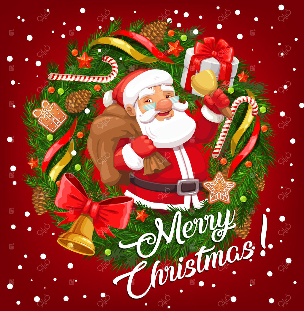 بابانوئل با کیسه هدیه و زنگ کریسمس در قاب کارت تبریک جشن زمستانی.