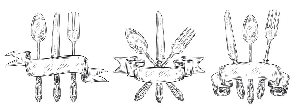 قاشق و چنگال با روبان: طراحی سنتی قاشق، چنگال و چاقو به سبک وینتیج، مجموعه‌ای از نقاشی‌های دستی وکتوری