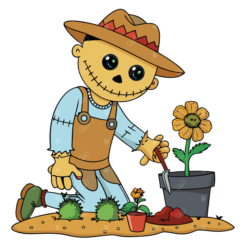 تصویر کارتونی مترسک بامزه در حال کاشتن گل‌ها در باغ برای کودکان