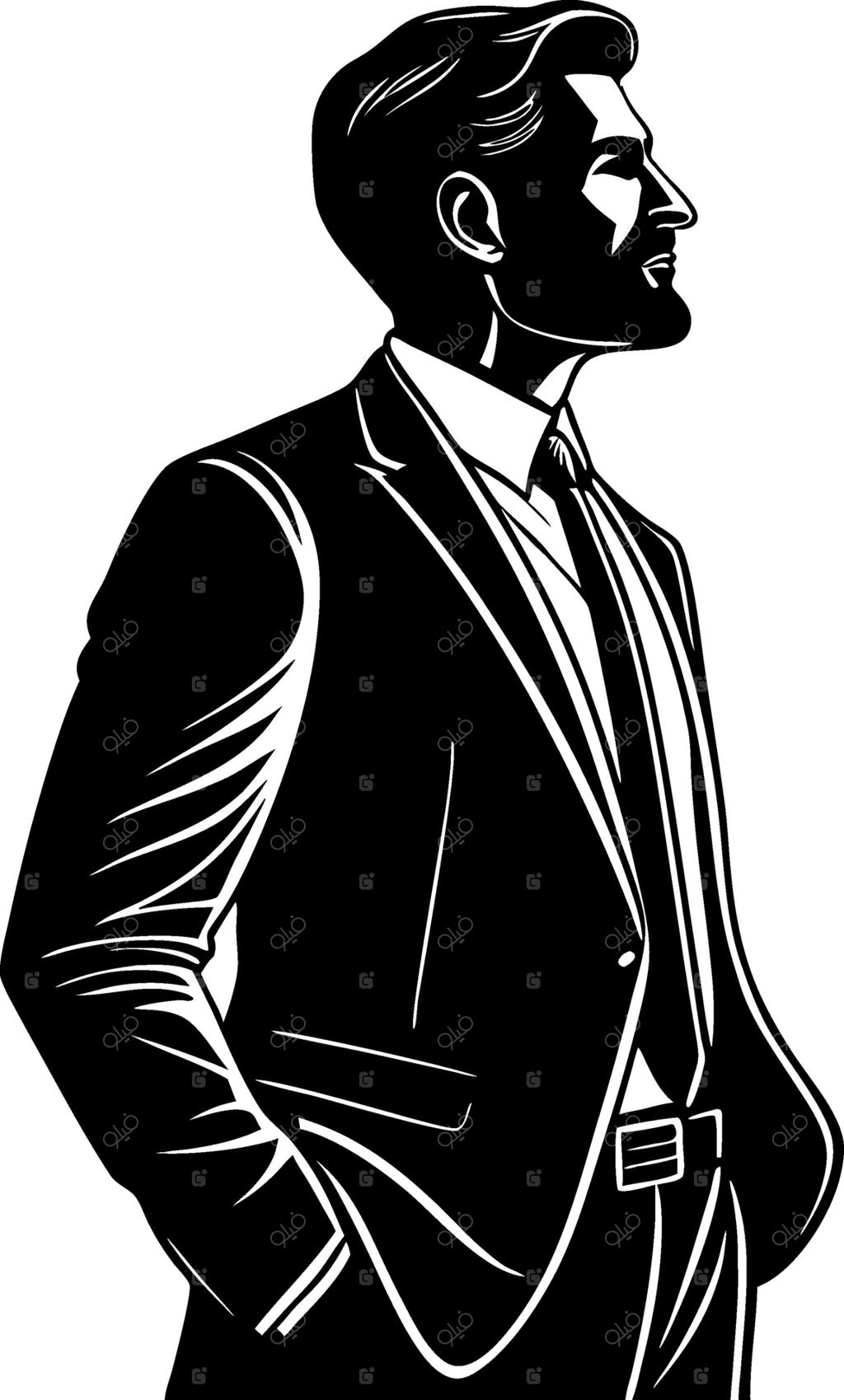 سیلوئت مرد تاجر خوش‌استایل و بااعتمادبه‌نفس در کت‌وشلوار مدرن برای طراحی‌های حرفه‌ای