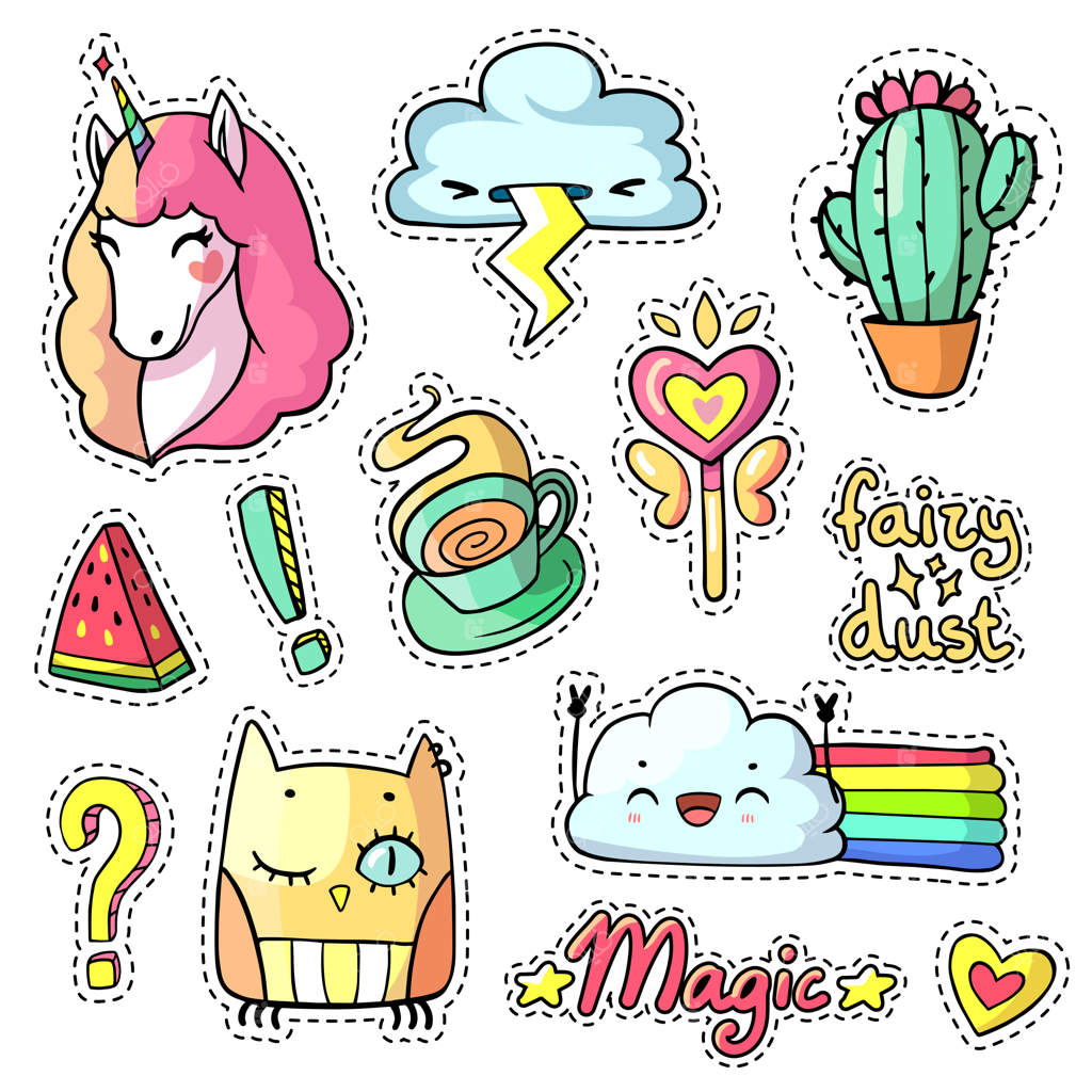 مجموعه برچسب‌های جذاب به سبک پاپ آرت - نشان‌ها و سنجاق‌های کاریکاتوری از حیوانات و خوراکی‌ها - وکتور