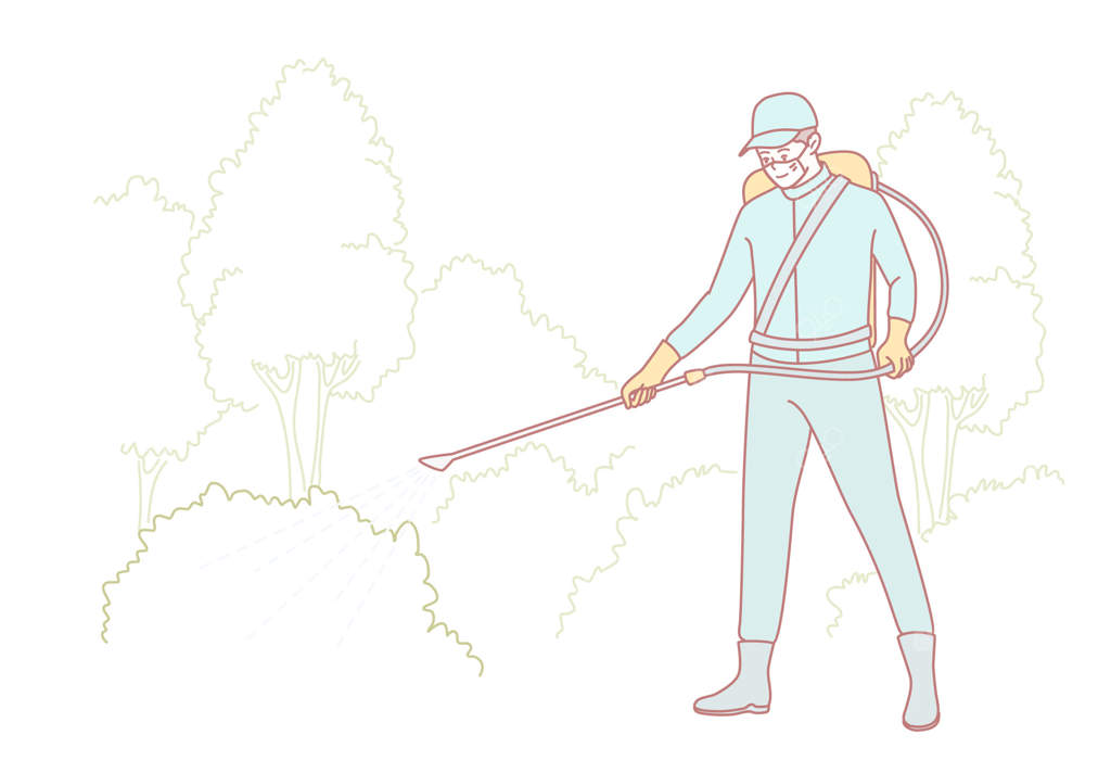 یک متخصص کنترل آفات به دقت در حال استفاده از سموم دفع آفات در محیط باغچه است.