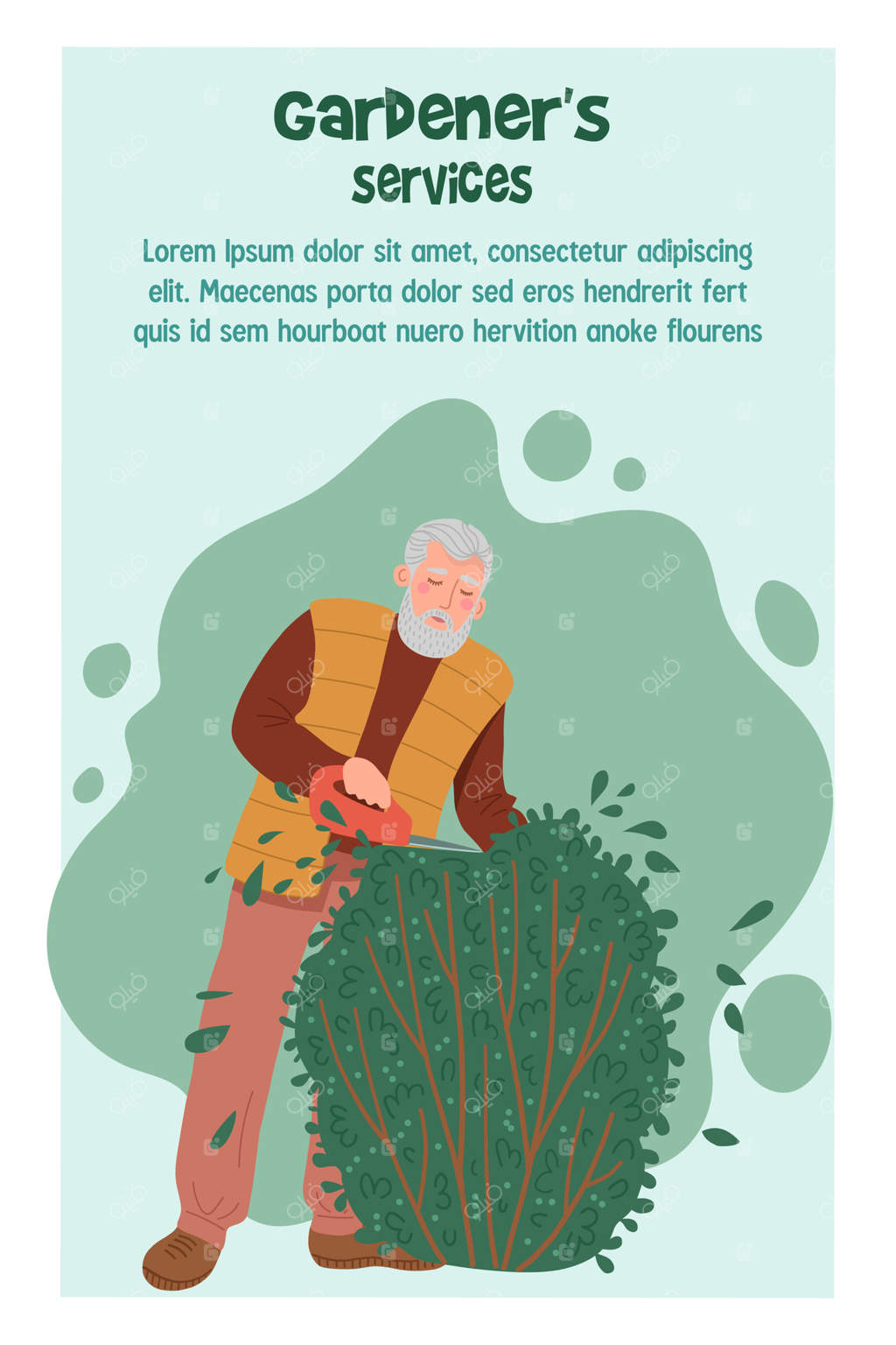 پیرمردی با قیچی بوته‌ای را هرس می‌کند. قالب بنر تبلیغاتی برای خدمات باغبانی.