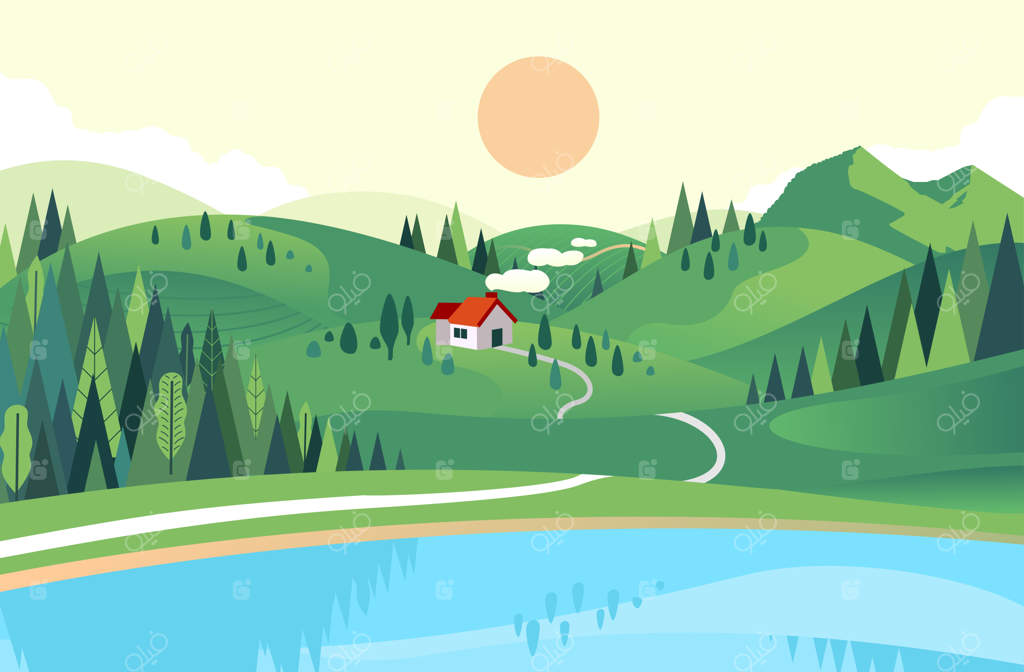 تصویر برداری مسطح از خانه‌ای در تپه با دریاچه و جنگل نزدیک. تصویر چشم‌انداز زیبا