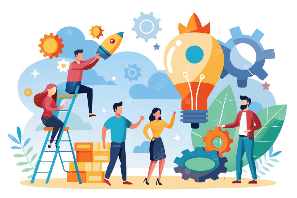 تصویری از تیمی که با همکاری یکدیگر ایده‌ای جدید را به شکل یک لامپ خلق می‌کنند. این تصویر نماد نوآوری، کار تیمی و فرآیند ایده‌پردازی است.