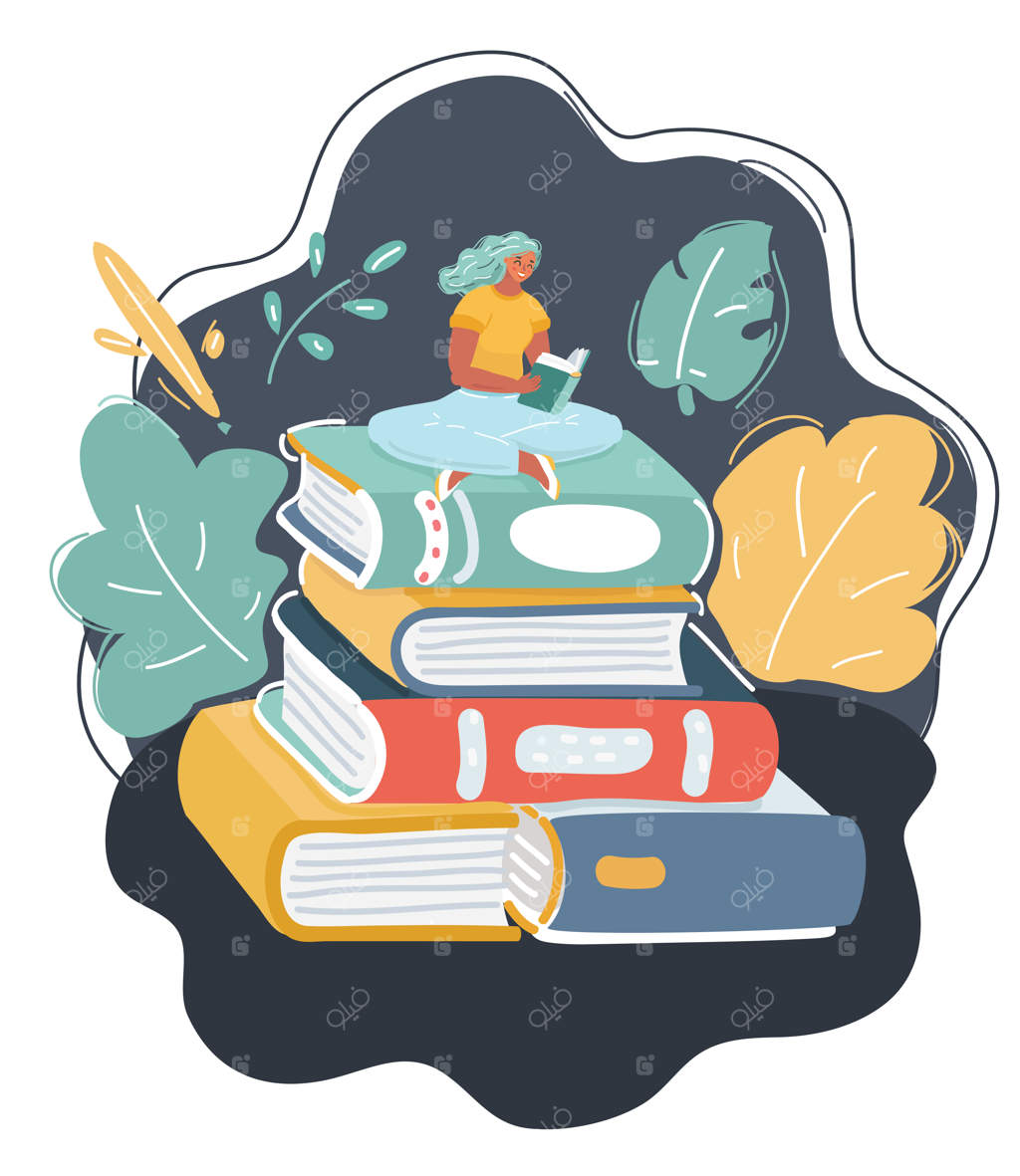 تصویر کارتونی زنی که روی یک دسته کتاب نشسته و در حال خواندن است، بر روی زمینه‌ی تیره.