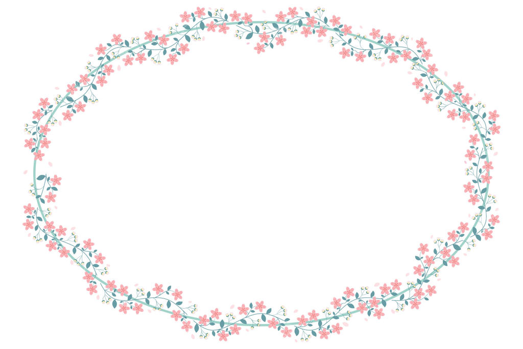 قاب گل با حاشیه بیضی و دایره‌ای از شکوفه‌های هلو و گیلاس سبز و صورتی